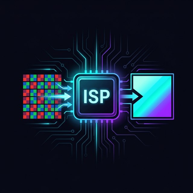 FPGA ISP IP core icon showing raw Bayer sensor data processed into clean color video