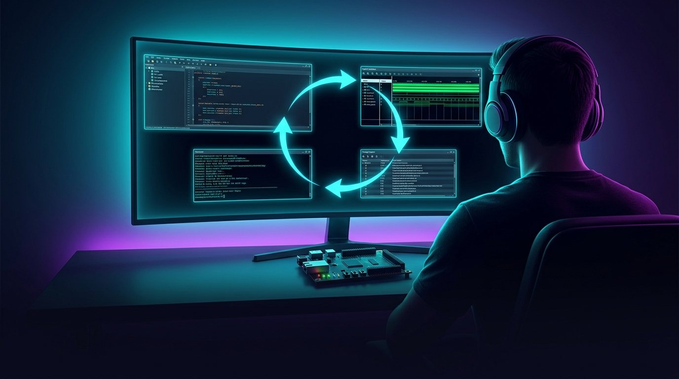 Engineer in headphones at a desk with an FPGA board, facing a monitor where editor, build log, waveforms and timing report are joined in a glowing loop