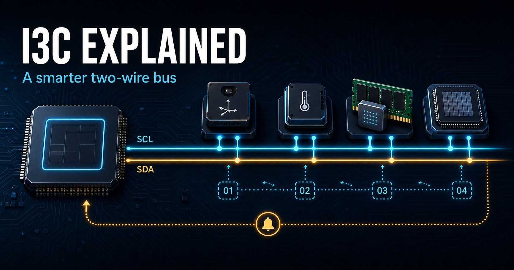 Stylized two-wire I3C bus linking a controller to sensors, a DDR5 module, and an FPGA