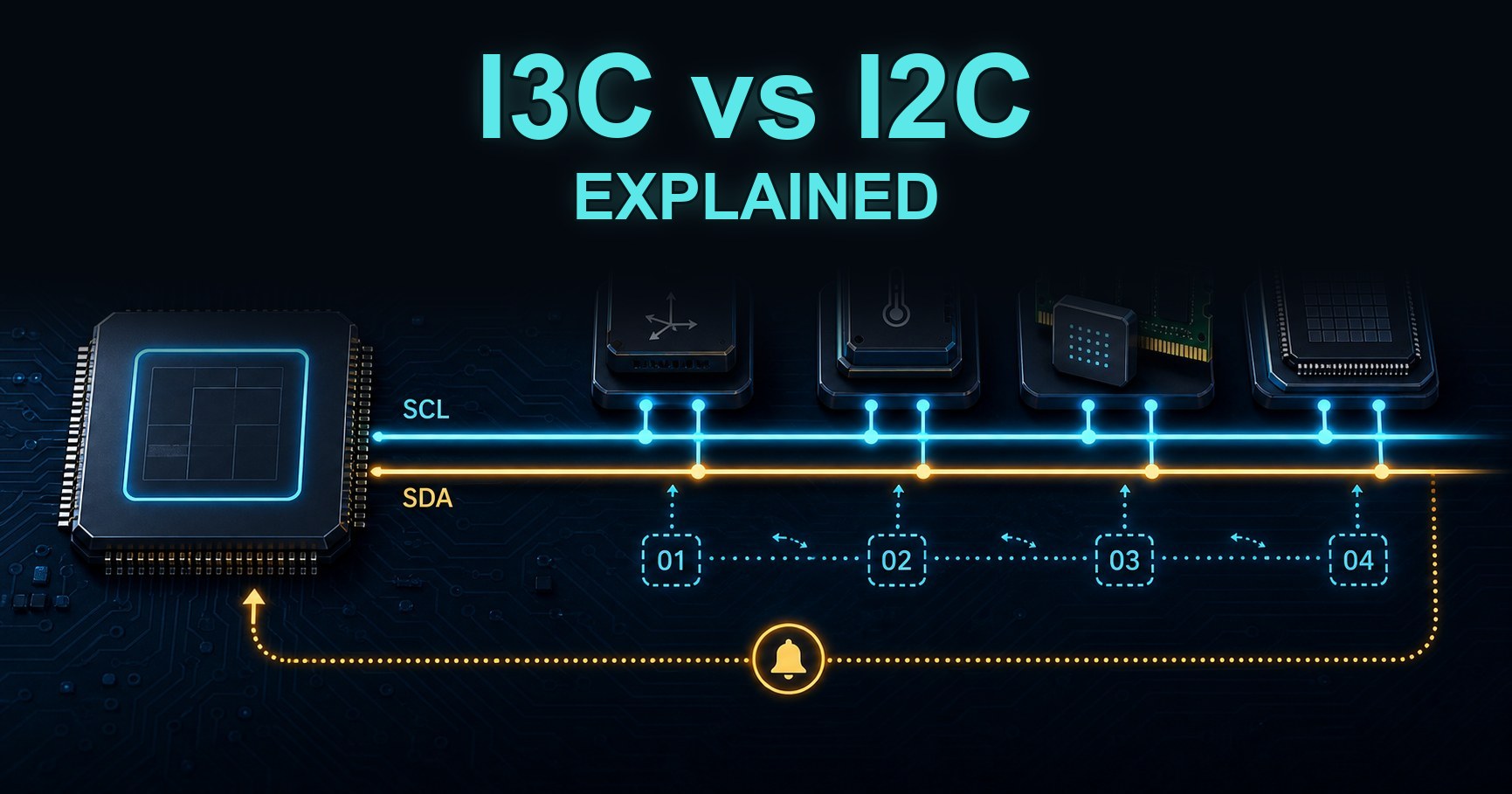 Stylized two-wire I3C bus linking a controller to sensors, a DDR5 module, and an FPGA