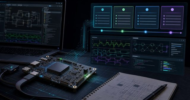 FPGA board connected to software tooling, waveform debug, and licensing workflow panels