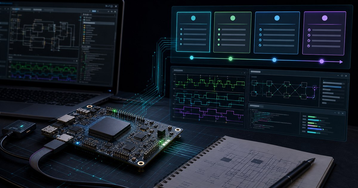 FPGA board connected to software tooling, waveform debug, and licensing workflow panels