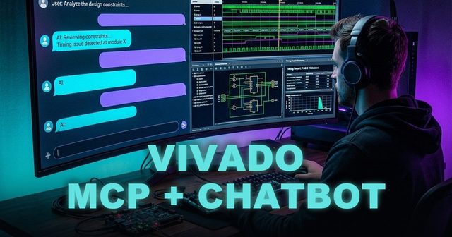 An engineer at a workstation using an MCP-based Vivado chatbot, its answer shown beside Vivado waveforms, a schematic, and a timing report, with an FPGA board on the desk