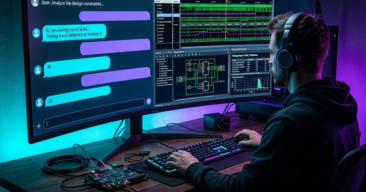 An engineer at a workstation using an MCP-based Vivado chatbot, its answer shown beside Vivado waveforms, a schematic, and a timing report, with an FPGA board on the desk