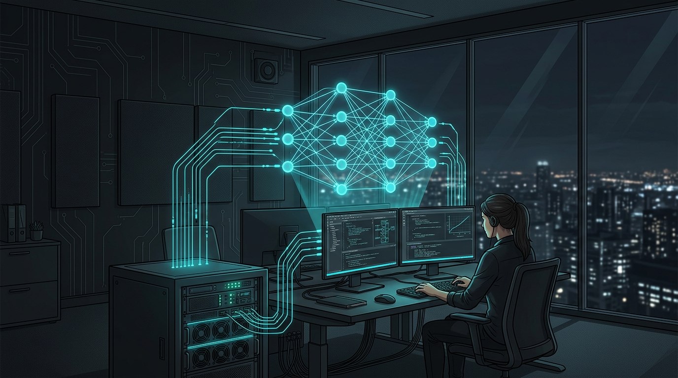 Engineer at a workstation beside a GPU server rack running a local AI model, with the neural network contained inside the room