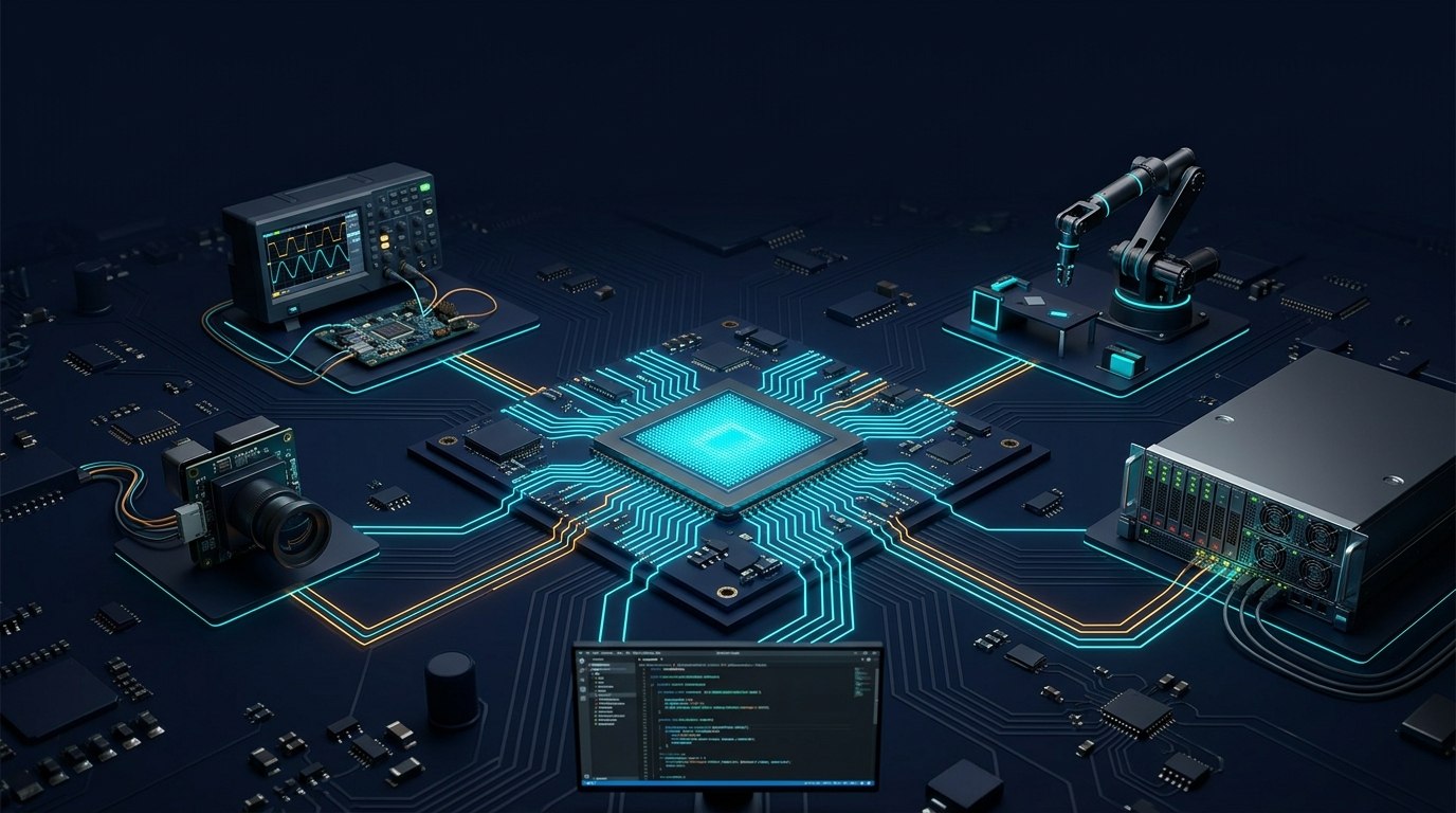 FPGA chip connected to an oscilloscope, camera module, robot arm, and server by glowing signal traces
